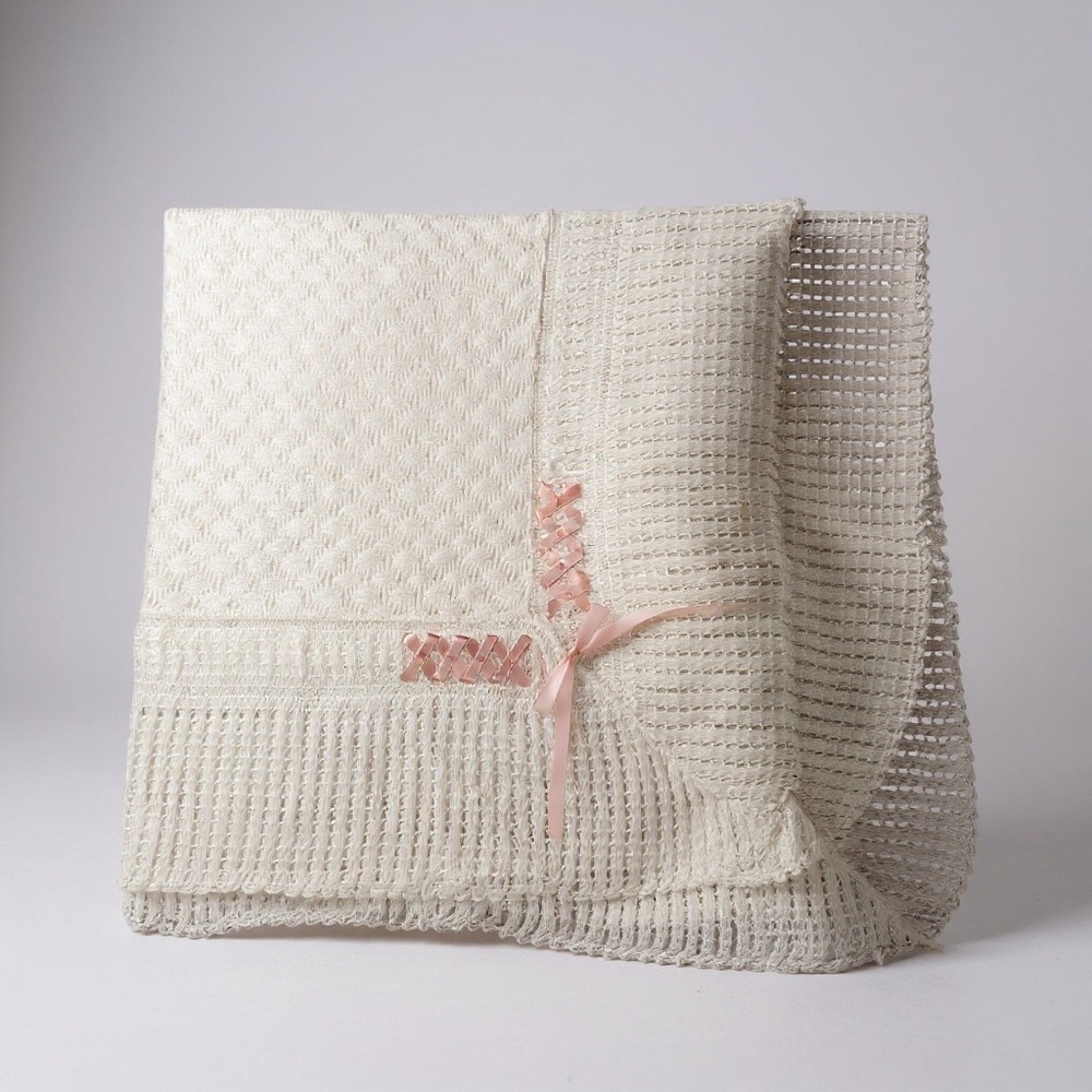 Julius Berger Baby Blanket Orlon Acrylic Knit Pink Ribbon Trim Vintage USAโ